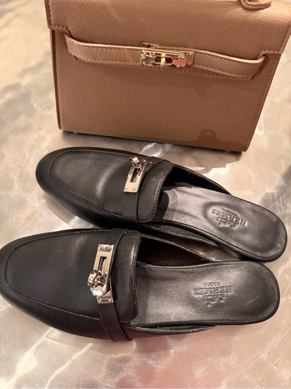 Hermes Black Leather Slip-On Ladies mule loafers with Silver Hardware